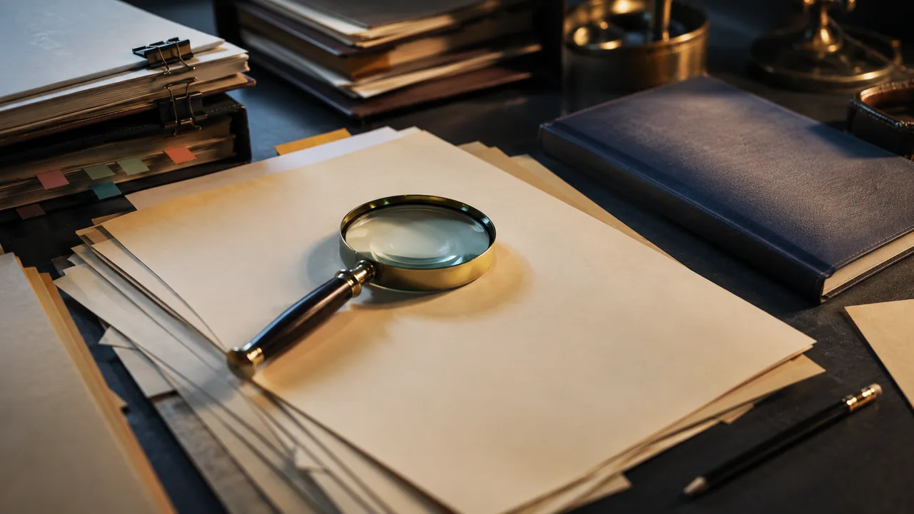 SupportVerdict methodology desk with a magnifying glass on blank source sheets