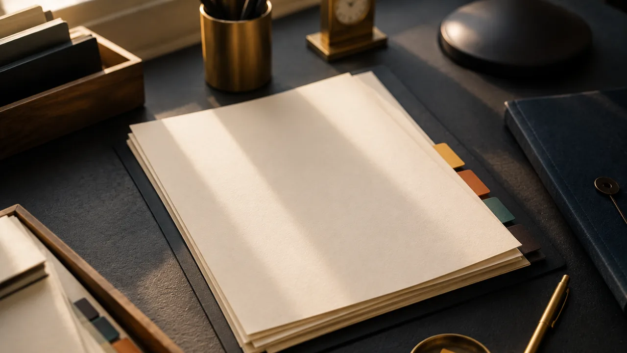SupportVerdict shortlist desk with blank papers, folders, and paper tabs