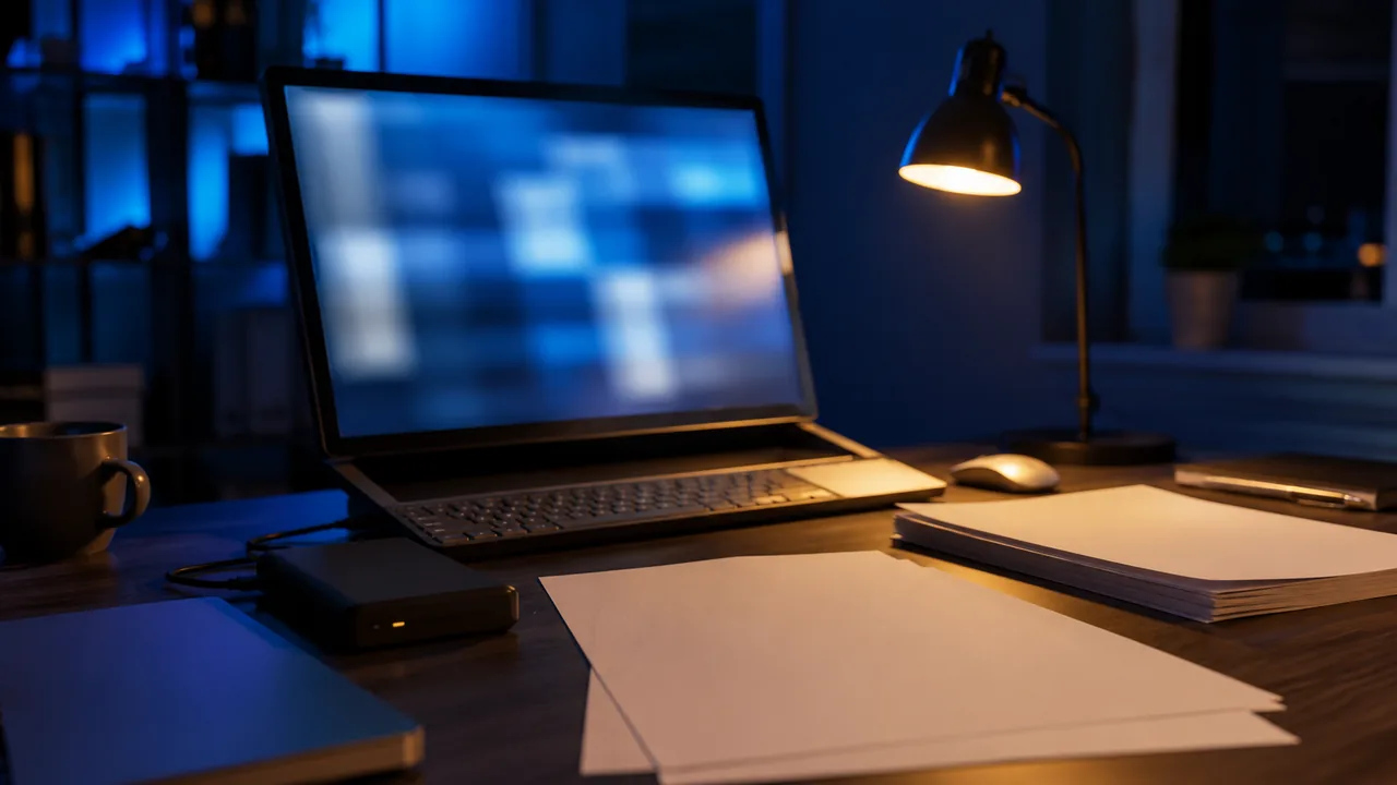 SupportVerdict data desk with a blurred monitor, blank printouts, and an external drive