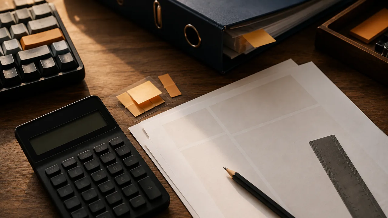 SupportVerdict tools desk with a keyboard, dark calculator, blank worksheets, and amber tabs