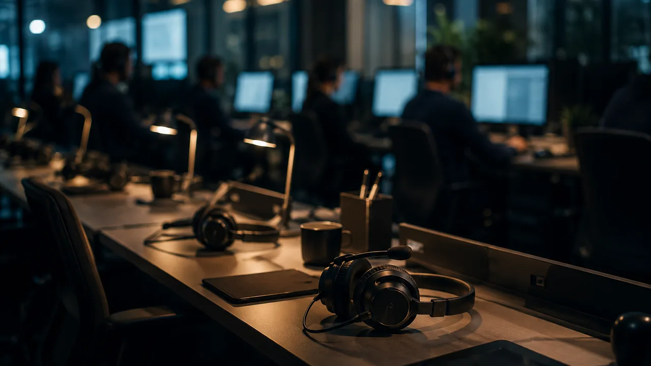 SupportVerdict vendor research floor with blurred support desks and headsets