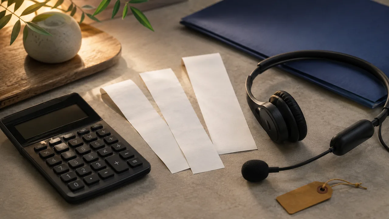 Support cost calculator desk with a dark calculator, blank paper strips, and a support headset