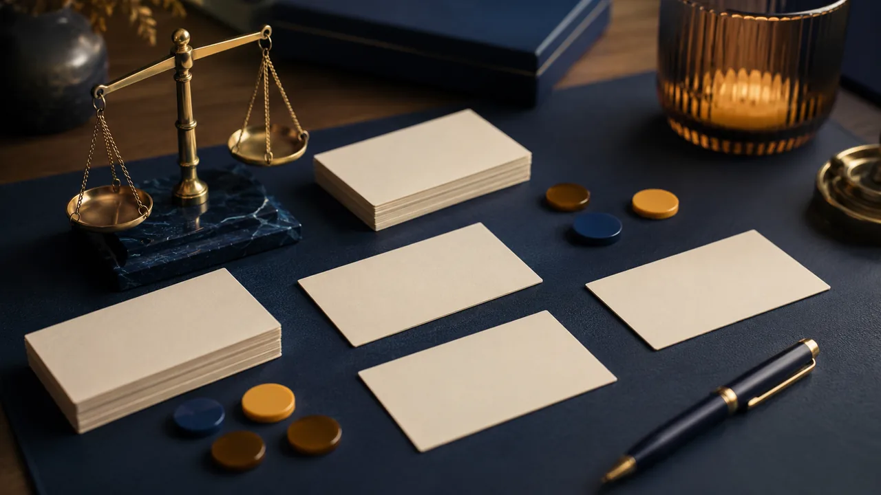 Billing model picker desk with blank cards, colored tokens, and a balance-scale object