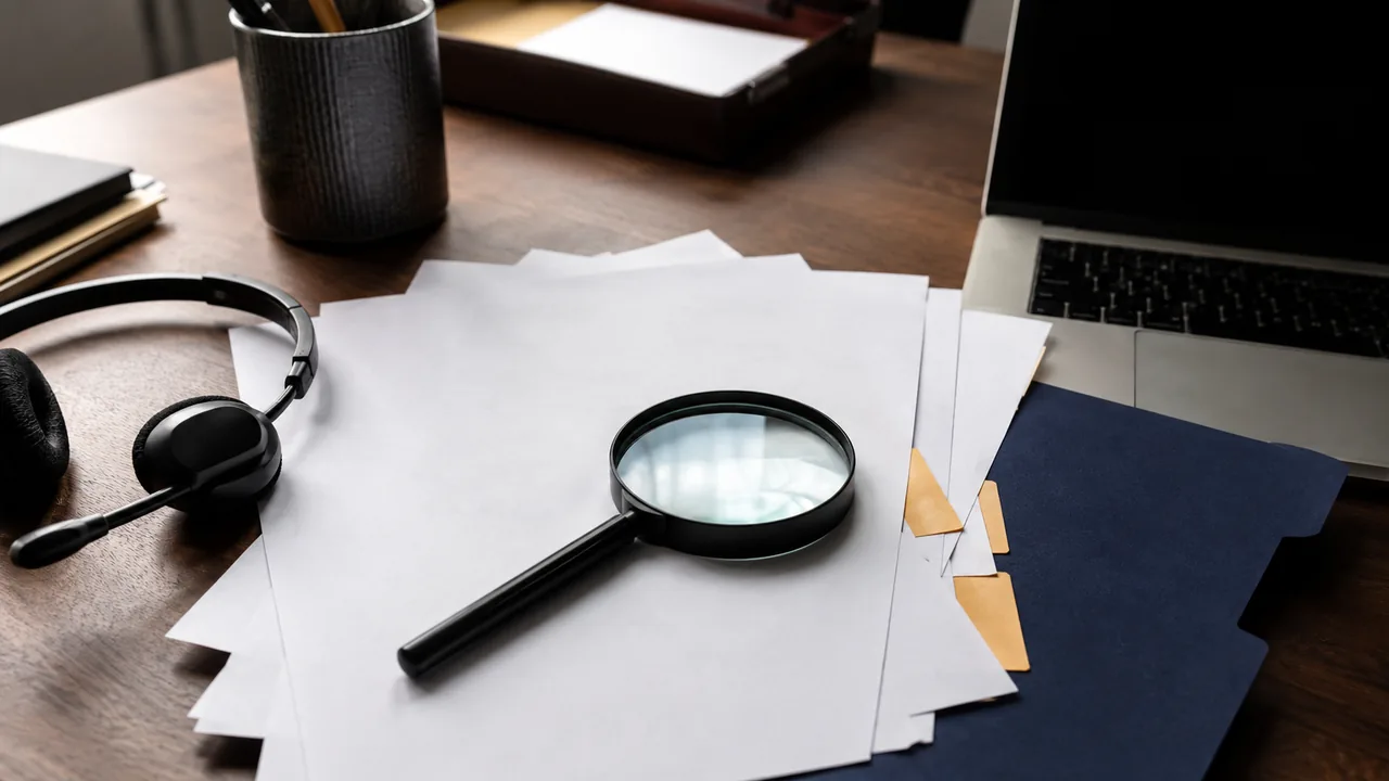 Vendor finder desk with a magnifying glass, blank vendor sheets, and a headset