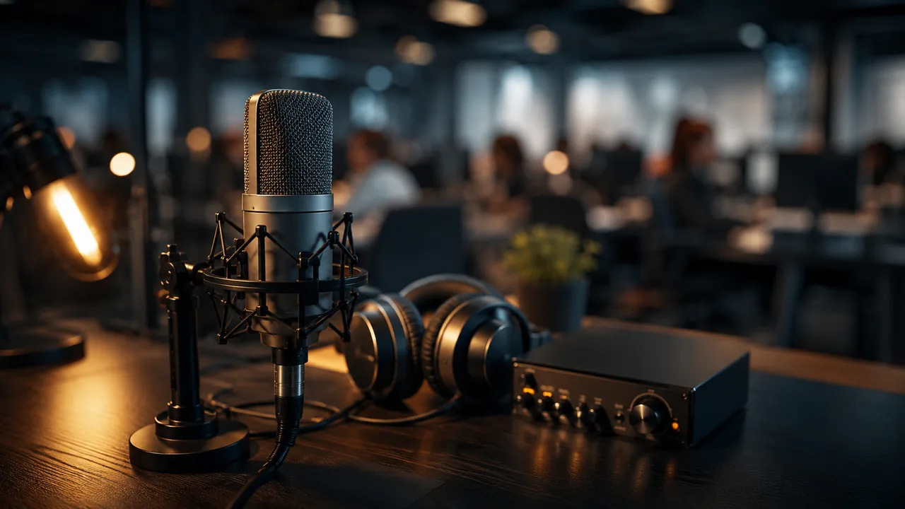 Voice-agent cost desk with a studio microphone, headphones, and blurred support desks